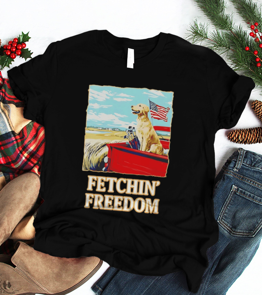 Fetching Freedom Dog And American Flag Scene T-Shirt
