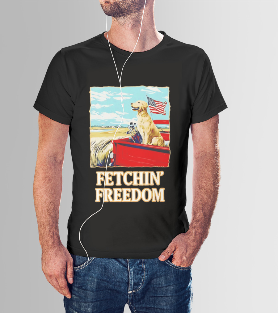 Fetching Freedom Dog And American Flag Scene T-Shirt