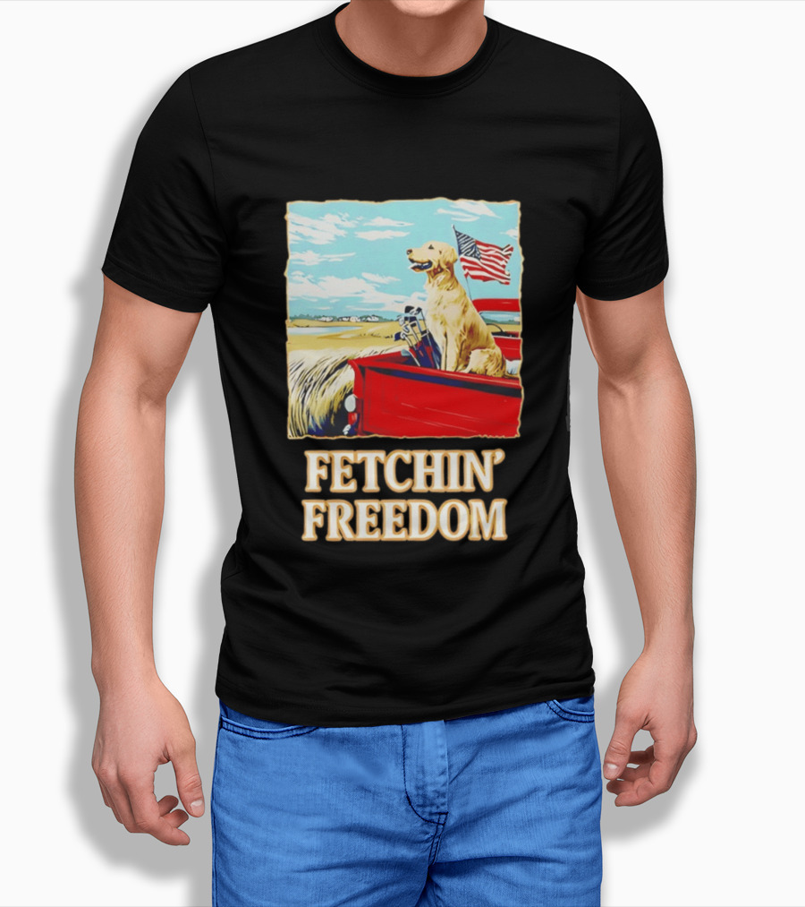 Fetching Freedom Dog And American Flag Scene T-Shirt