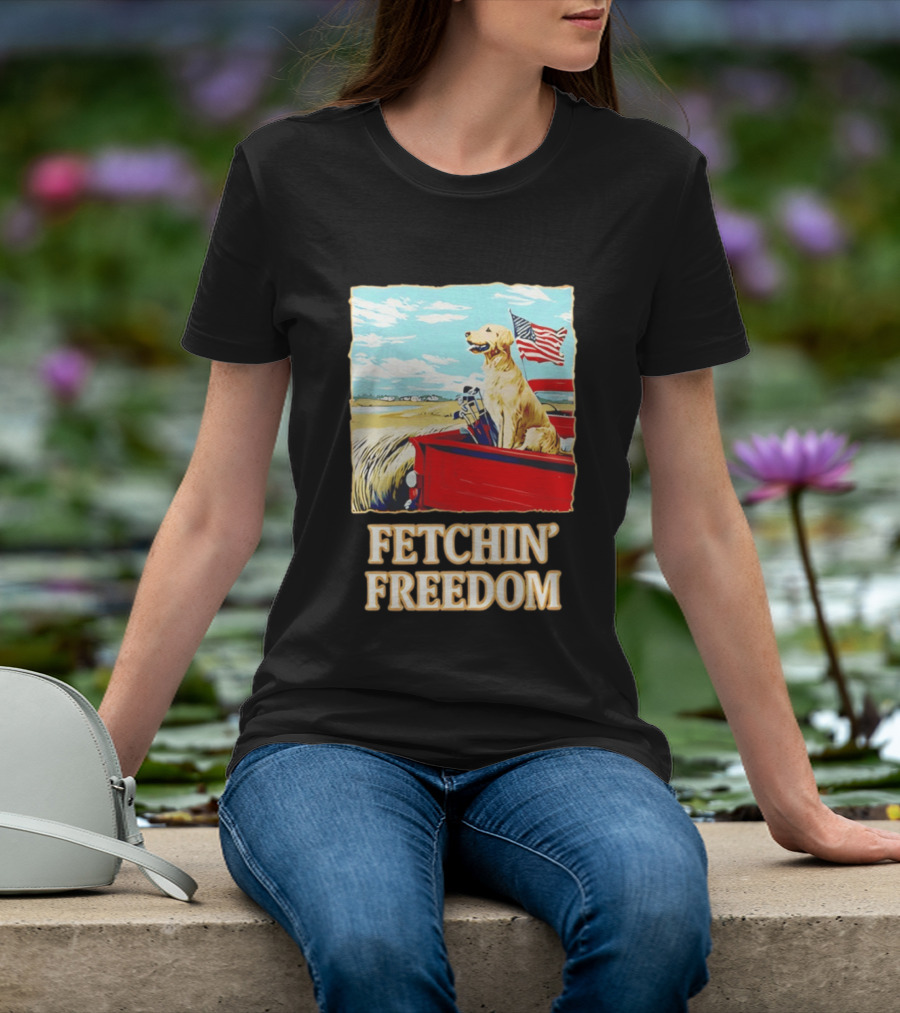 Fetching Freedom Dog And American Flag Scene T-Shirt
