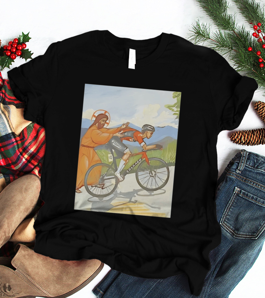 Jesus Gives Tadej Pogačar A Push Colnago Cycling T-Shirt