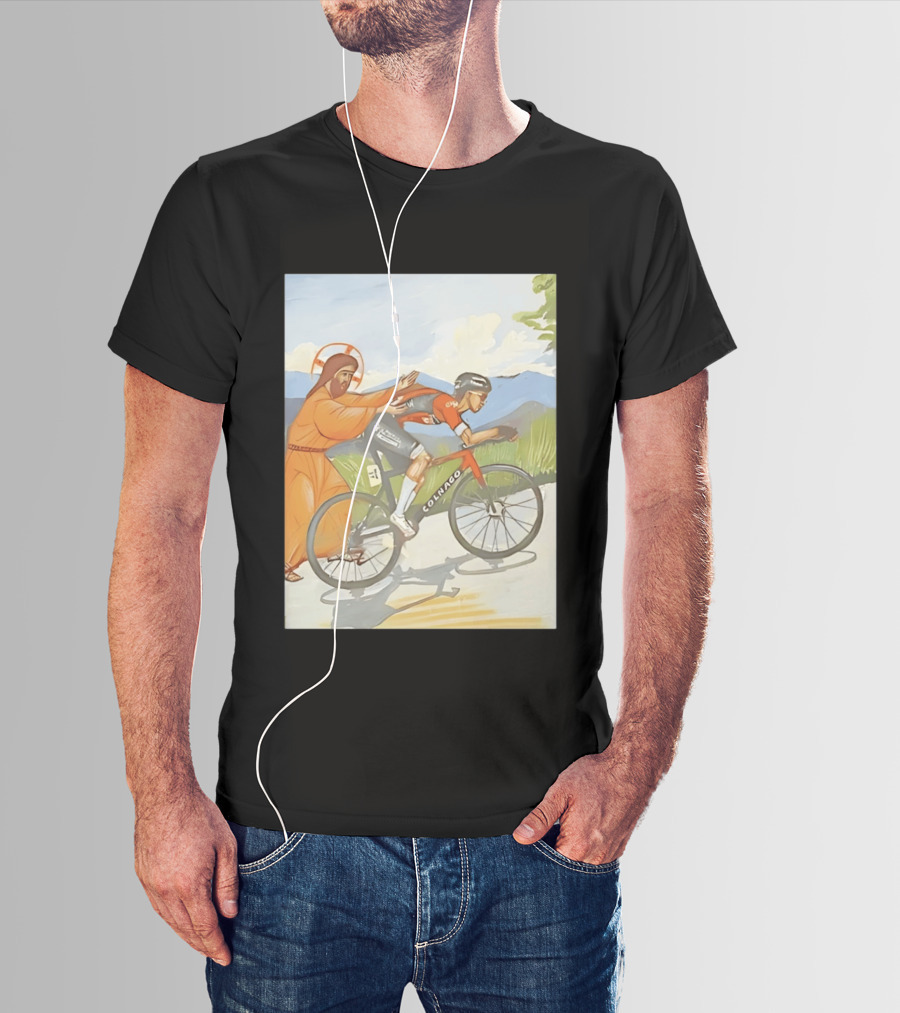 Jesus Gives Tadej Pogačar A Push Colnago Cycling T-Shirt