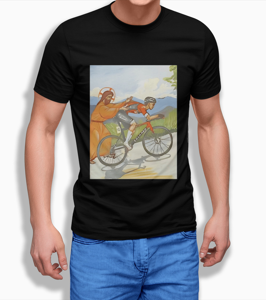 Jesus Gives Tadej Pogačar A Push Colnago Cycling T-Shirt