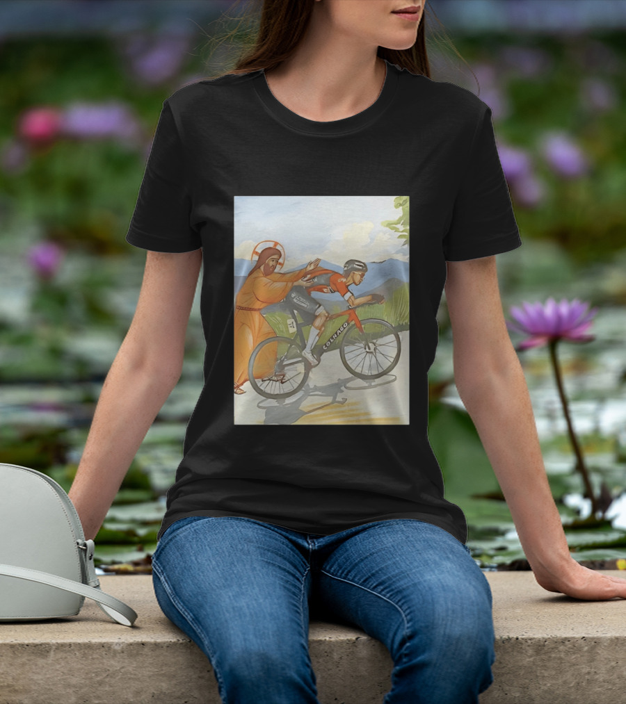 Jesus Gives Tadej Pogačar A Push Colnago Cycling T-Shirt