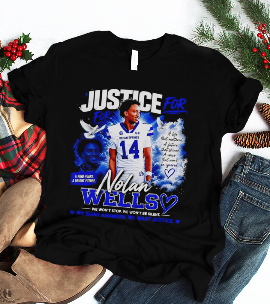 Justice For Nolan Wells Ocean Springs Football Number 14 Ignored Heart We Won't Stop Silent T-Shirt