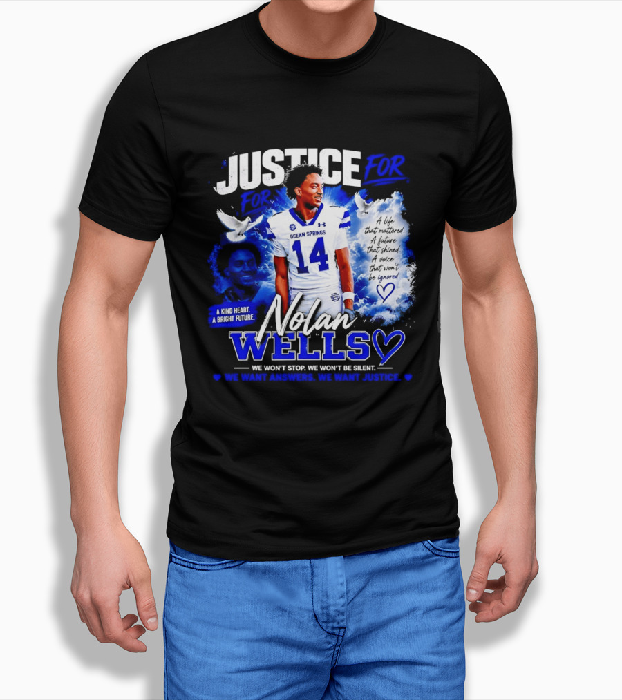 Justice For Nolan Wells Ocean Springs Football Number 14 Ignored Heart We Won't Stop Silent T-Shirt