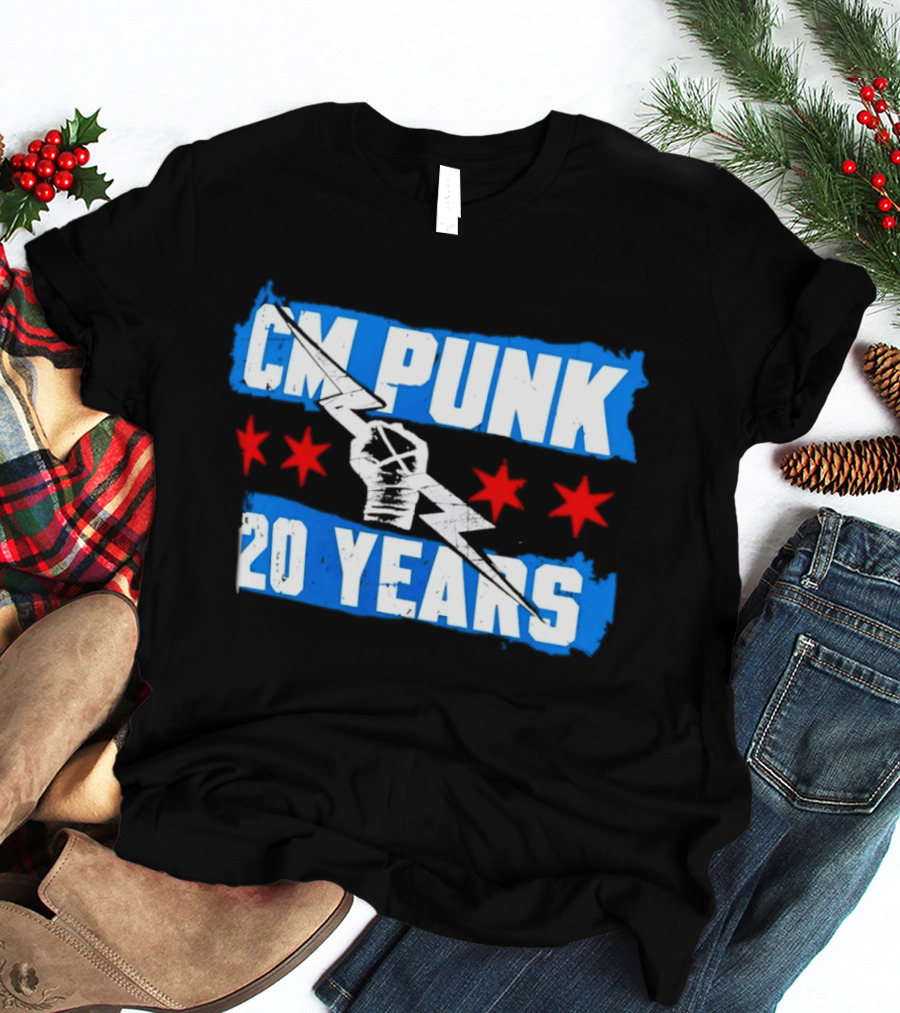 CM Punk 20 Years WWE Flag With Stars And Lightning Fist T-Shirt