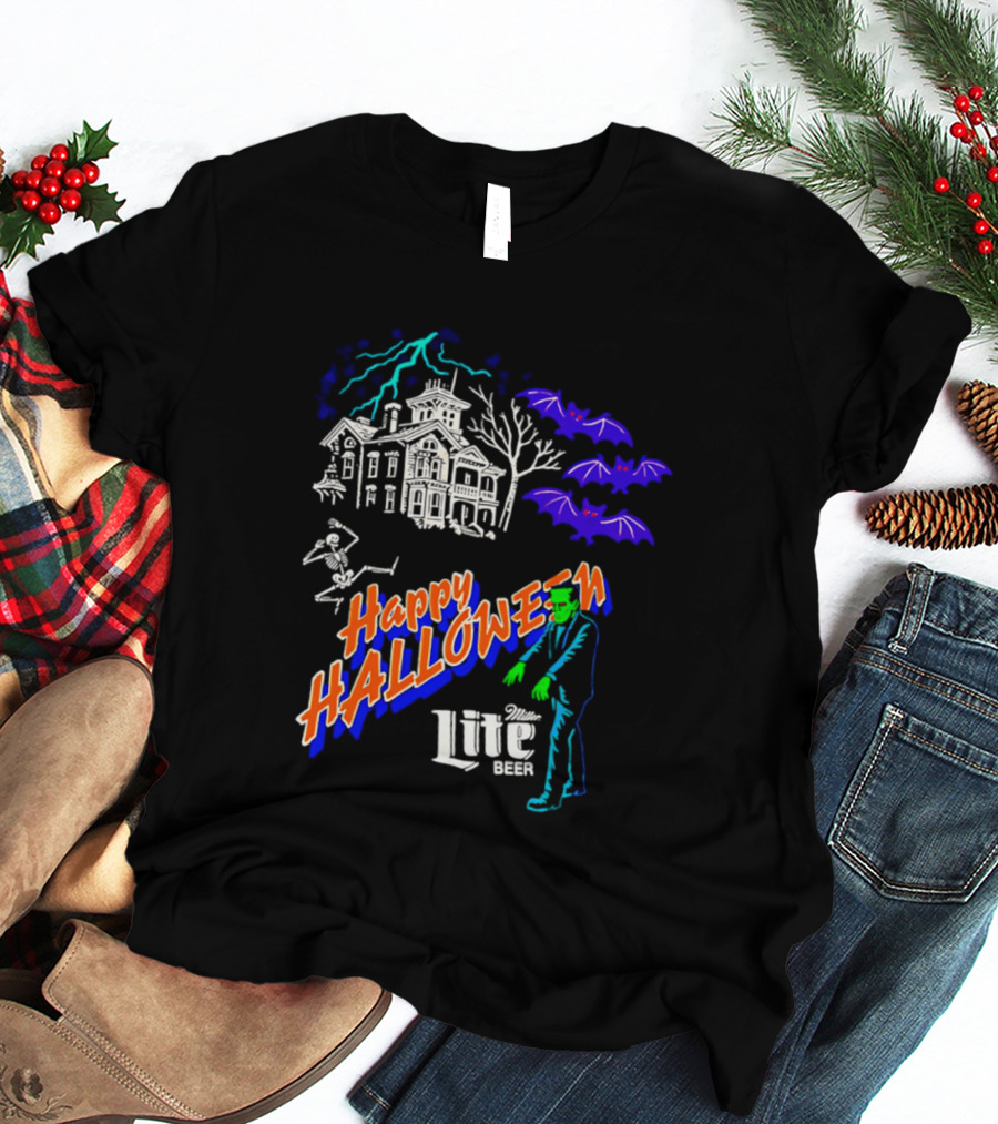 Happy Halloween Miller Lite Beer Haunted House Frankenstein Bats T-Shirt