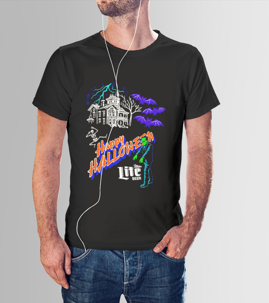 Happy Halloween Miller Lite Beer Haunted House Frankenstein Bats T-Shirt