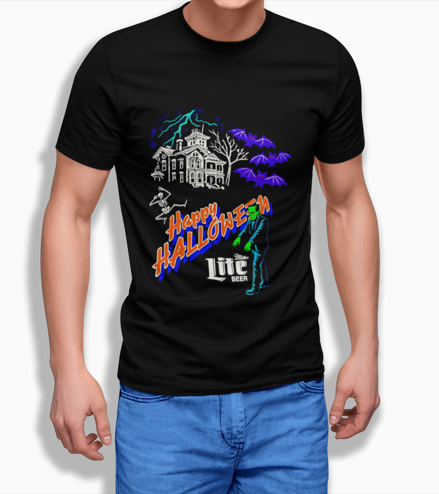 Happy Halloween Miller Lite Beer Haunted House Frankenstein Bats T-Shirt