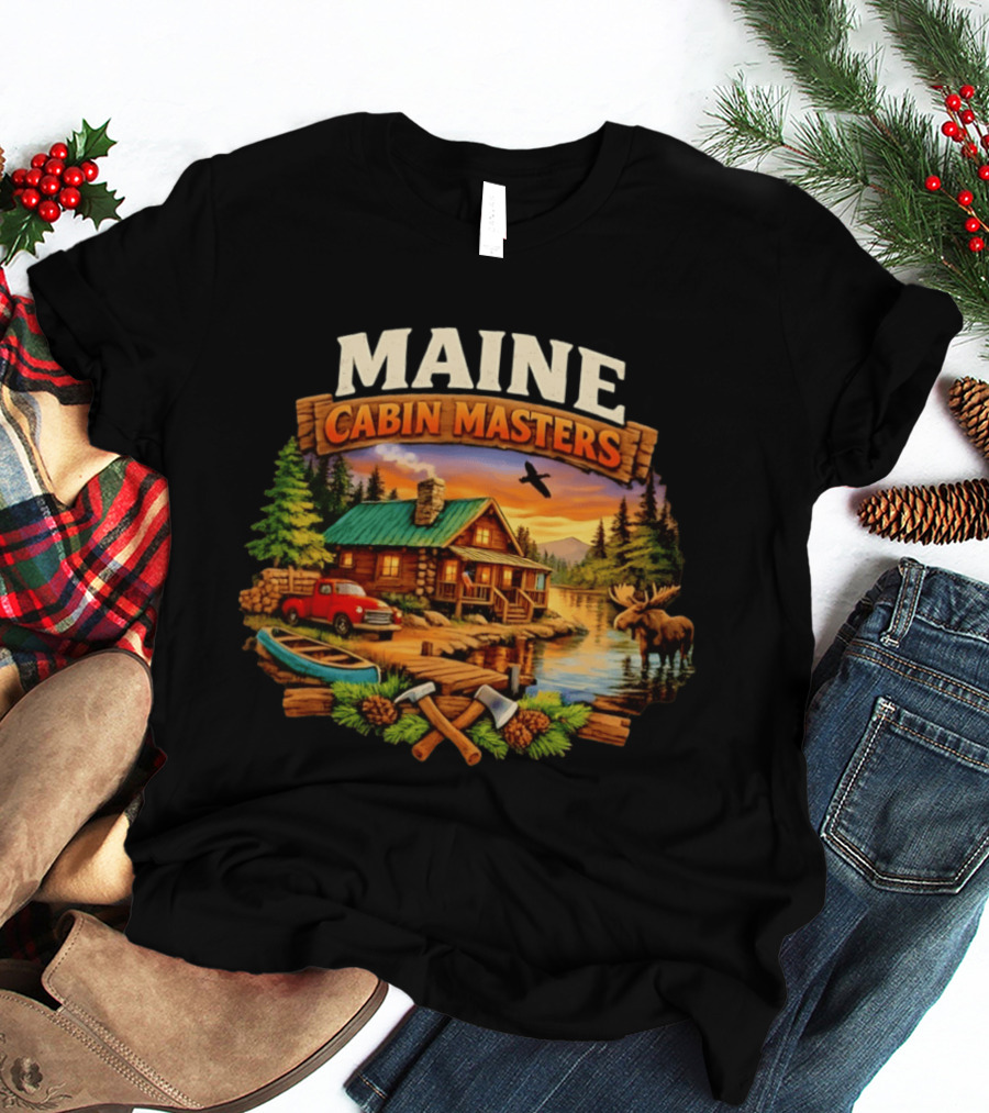 Maine Cabin Masters Rustic Wilderness Scene With Moose And Red Truck T-Shirt