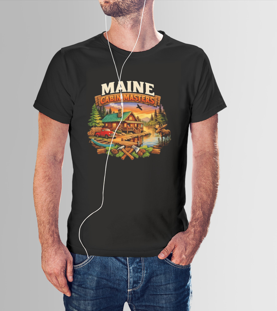 Maine Cabin Masters Rustic Wilderness Scene With Moose And Red Truck T-Shirt