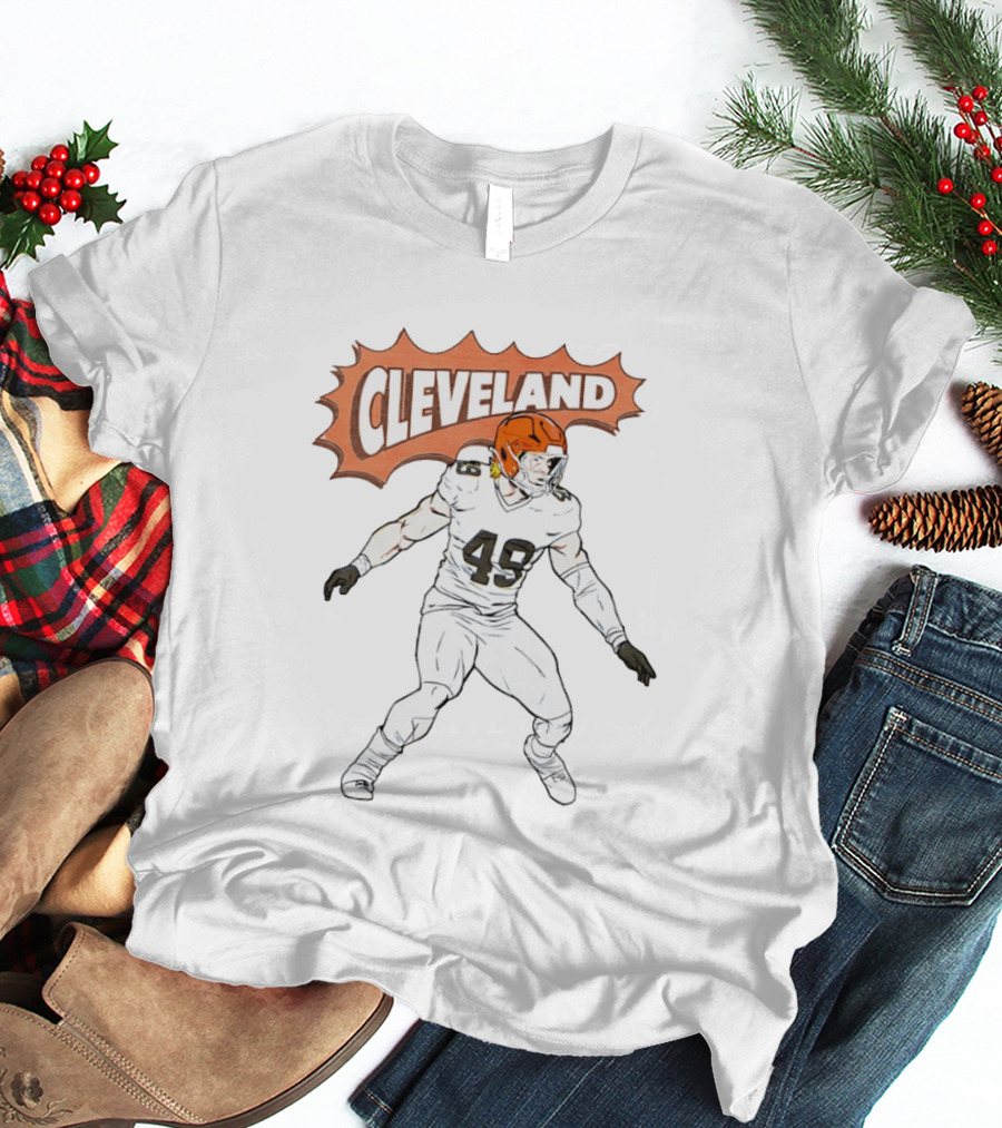 Cleveland Football Comic Style 2026 Player 49 Iconic Helmet T-Shirt