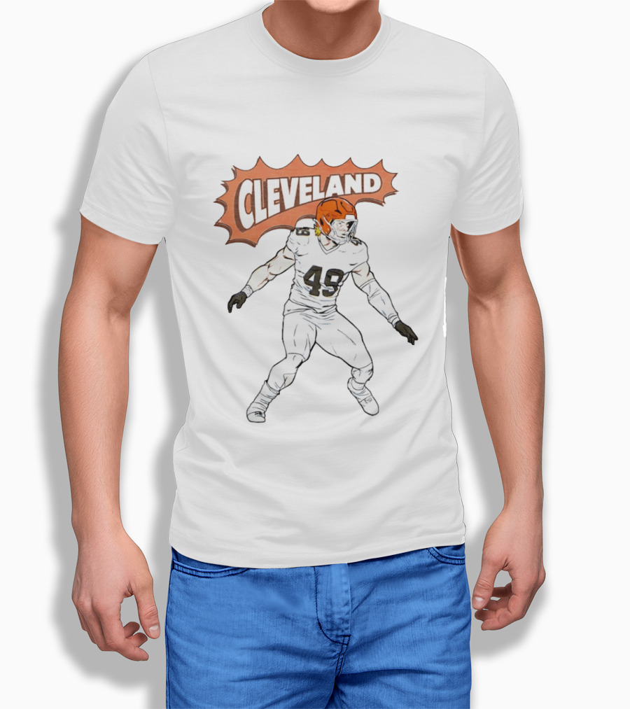 Cleveland Football Comic Style 2026 Player 49 Iconic Helmet T-Shirt