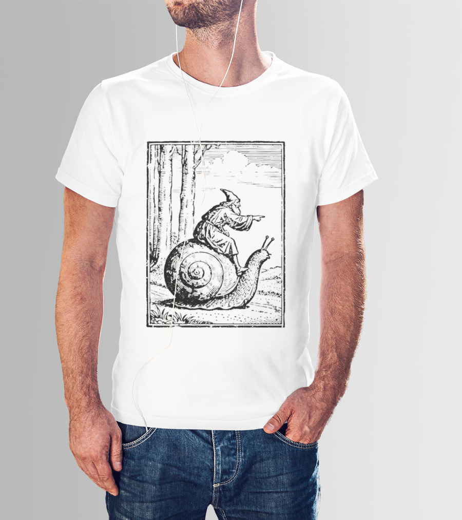 Medieval Snail Rider Wizard Woodcut Fantasy Enchantment T-Shirt