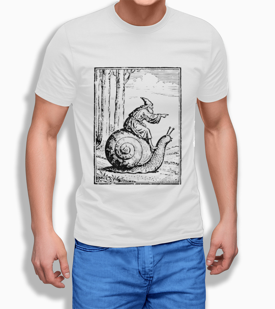 Medieval Snail Rider Wizard Woodcut Fantasy Enchantment T-Shirt