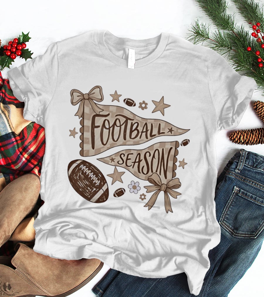 Football Season Pennant Bows And Stars With Footballs T-Shirt