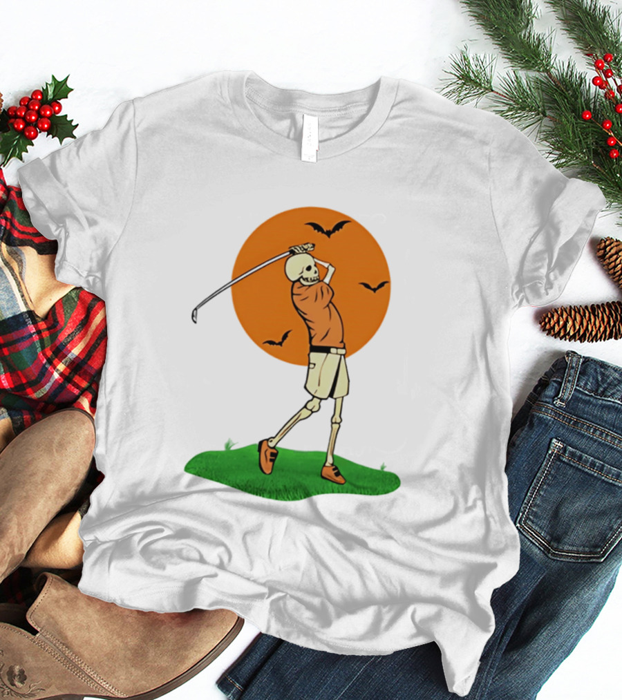 Skeleton Golfer At Sunset With Flying Bats T-Shirt