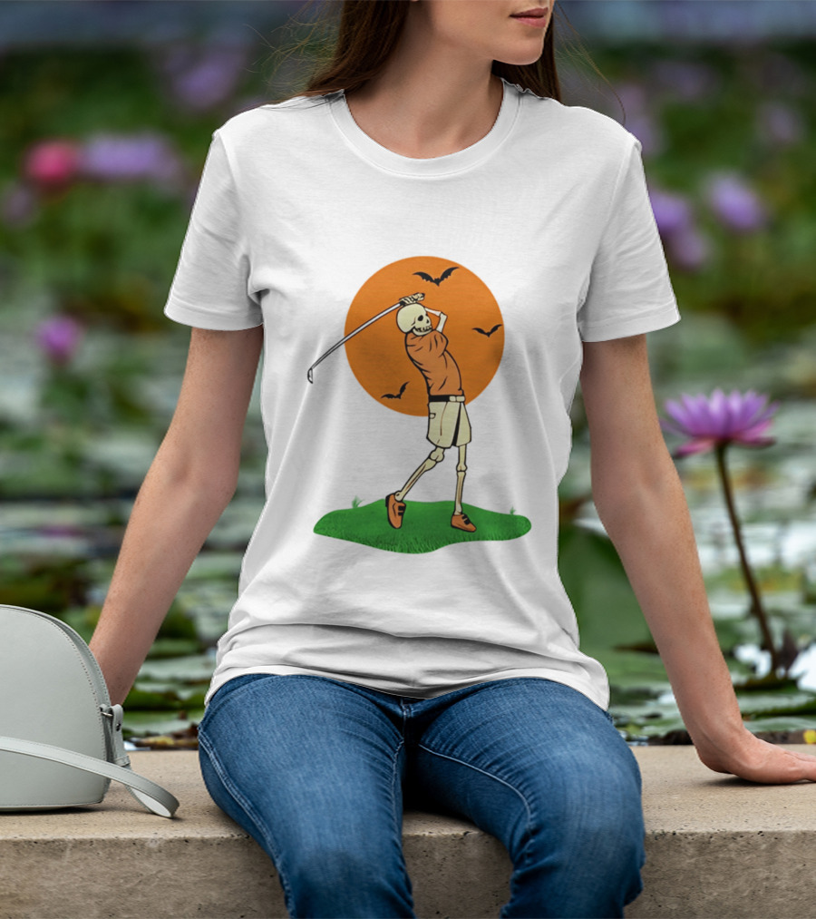 Skeleton Golfer At Sunset With Flying Bats T-Shirt