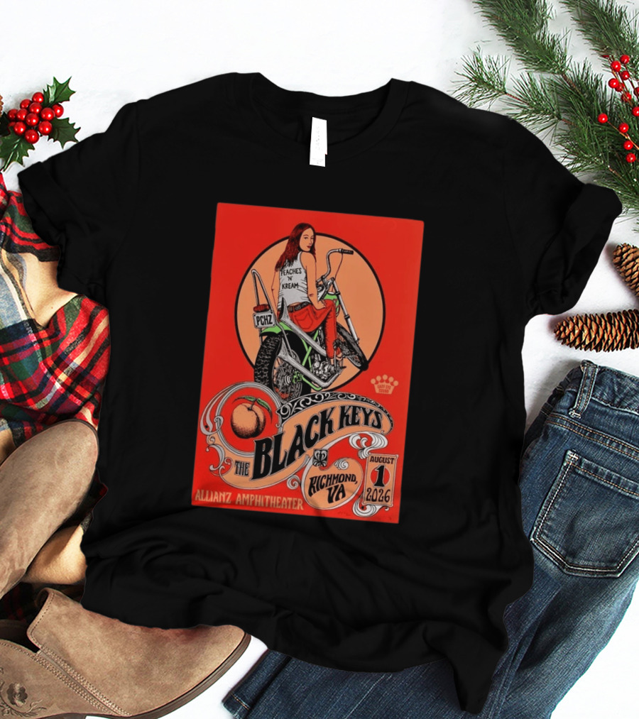 The Black Keys Allianz Amphitheater Richmond VA August 1 2026 Peaches N Kream Motorcycle T-Shirt