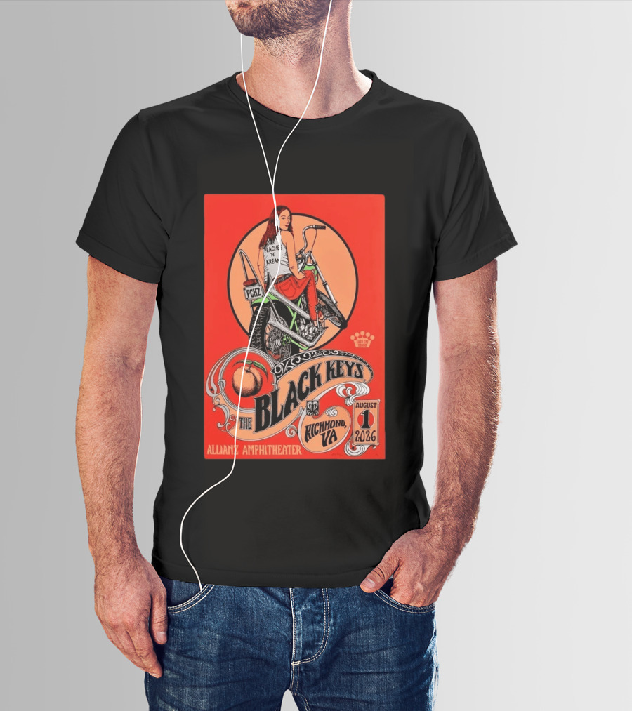The Black Keys Allianz Amphitheater Richmond VA August 1 2026 Peaches N Kream Motorcycle T-Shirt