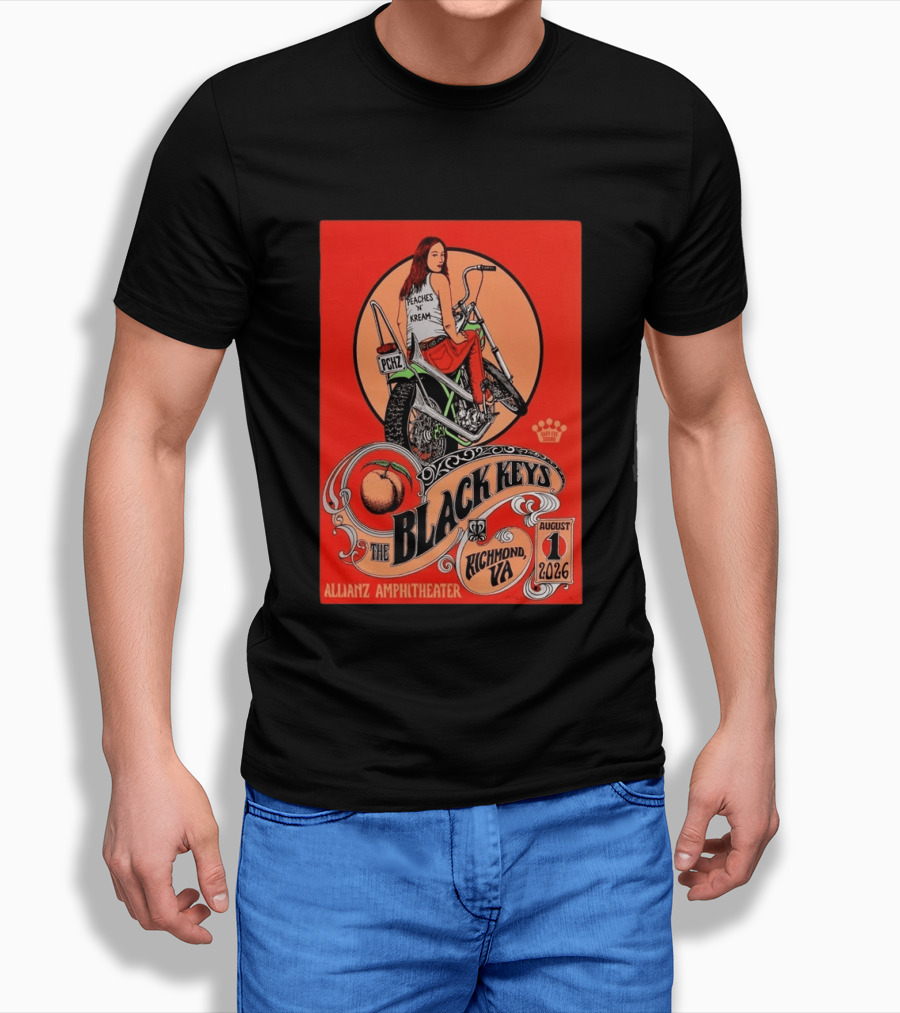 The Black Keys Allianz Amphitheater Richmond VA August 1 2026 Peaches N Kream Motorcycle T-Shirt