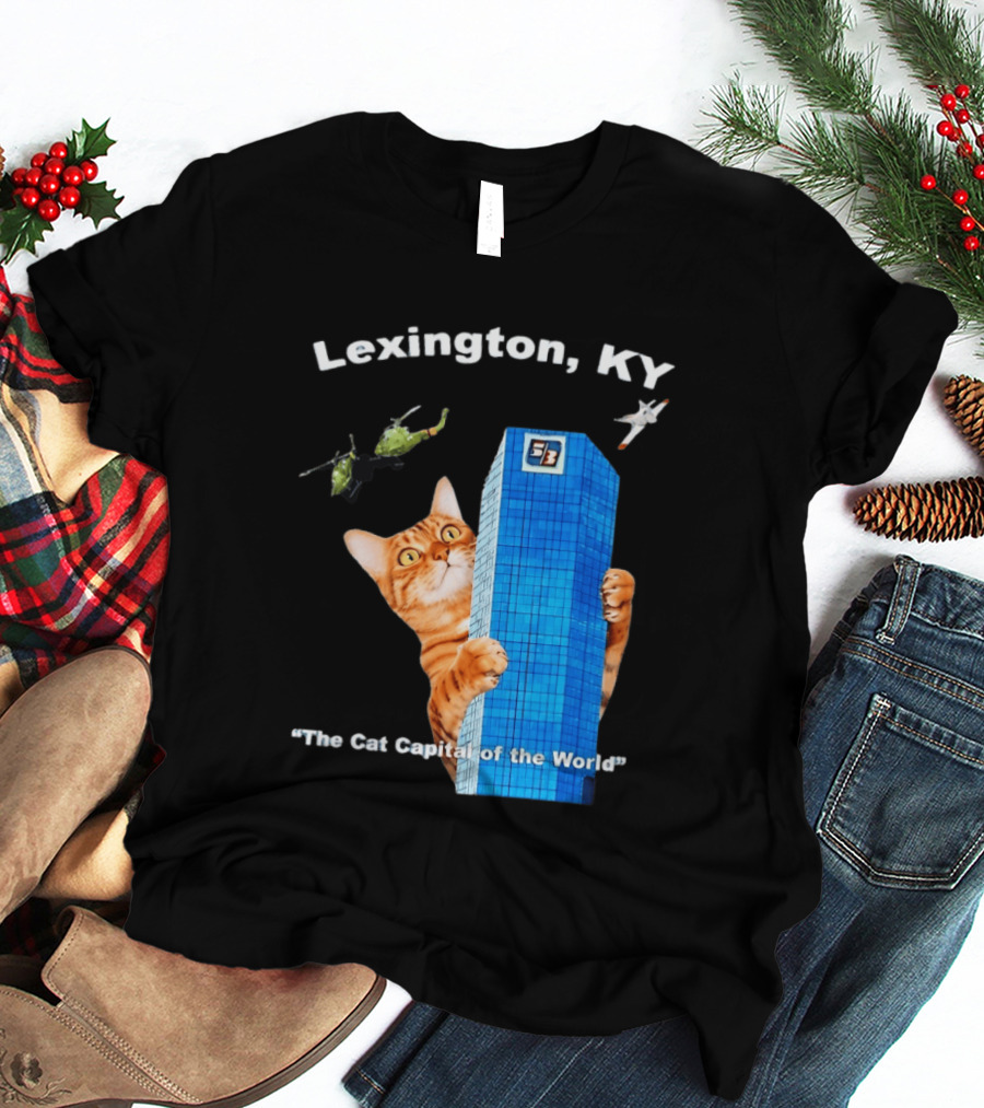 Lexington KY The Cat Capital Of The World Funny Cat With Building And Helicopter T-Shirt