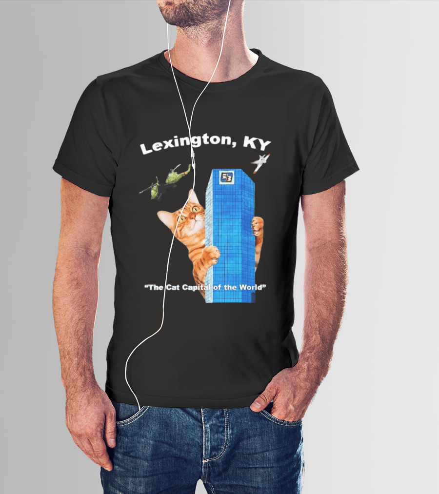 Lexington KY The Cat Capital Of The World Funny Cat With Building And Helicopter T-Shirt
