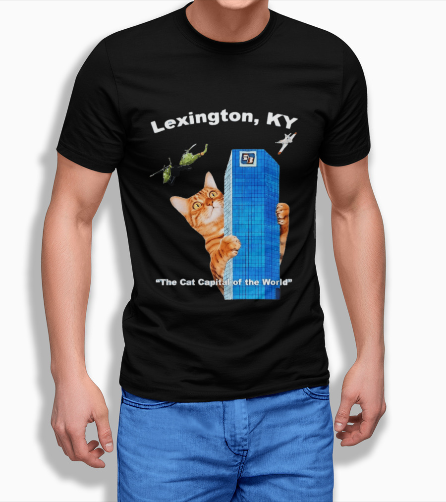 Lexington KY The Cat Capital Of The World Funny Cat With Building And Helicopter T-Shirt