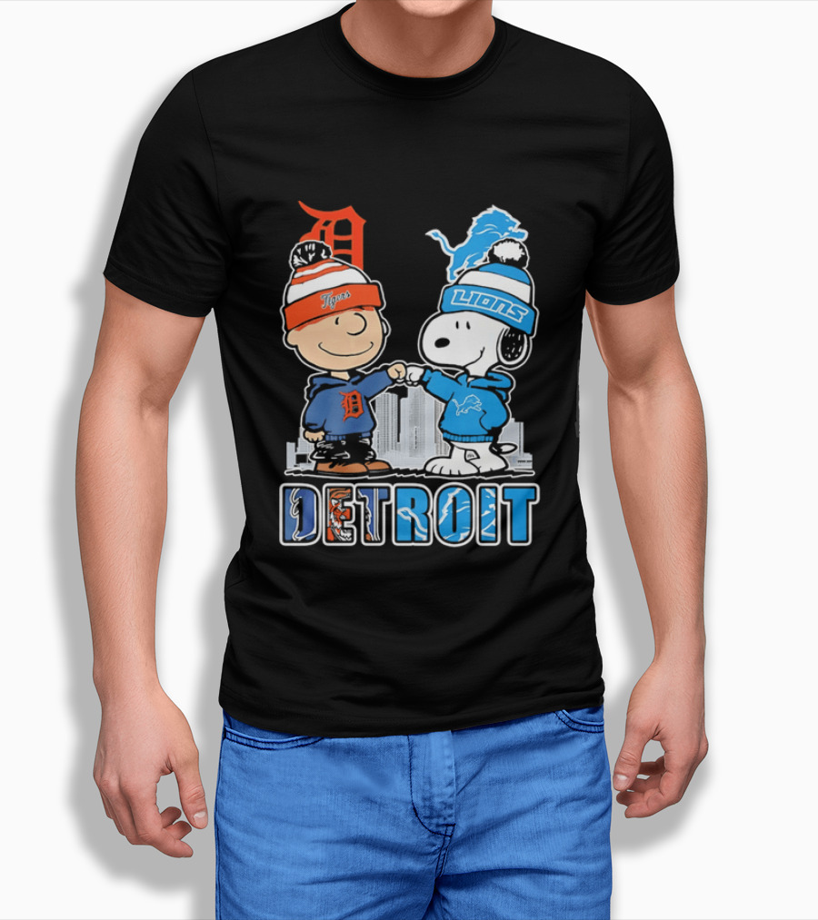 Charlie Brown Snoopy Detroit Tigers Lions Fist Bump Peanuts T-Shirt