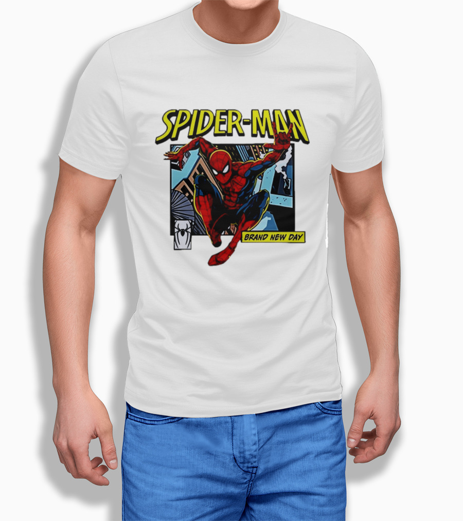 Spider Man Brand New Day Iconic Comic Style Swinging Action T-Shirt