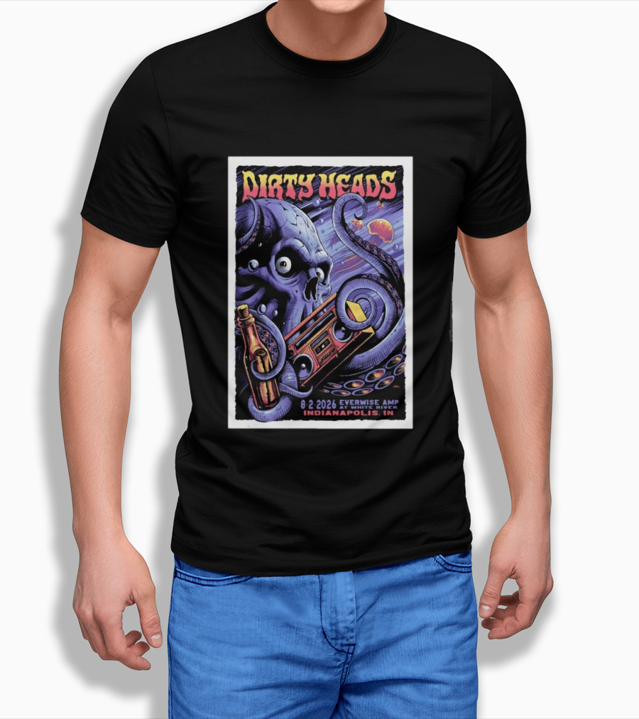 Dirty Heads Everwise Amp At White River 8.2.2026 Indianapolis IN Octopus Skull Alien Boombox T-Shirt