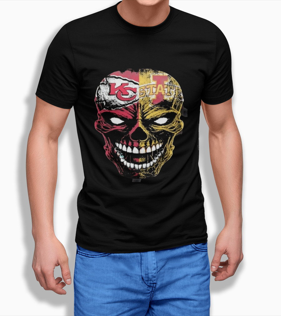 Kansas City Chiefs Iowa State Cyclones Skull Split Face T-Shirt