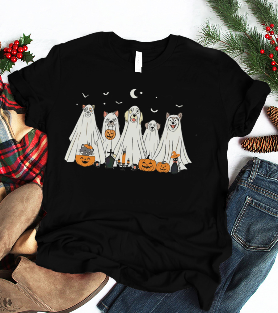 Halloween Ghost Dog Pack With Pumpkins And Moonlit Night T-Shirt