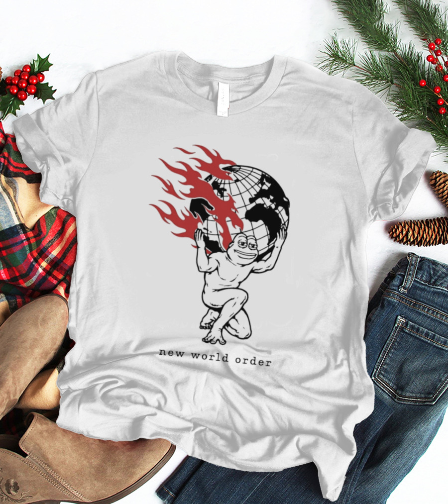 Frog Carrying Burning Earth With Flames New World Order T-Shirt