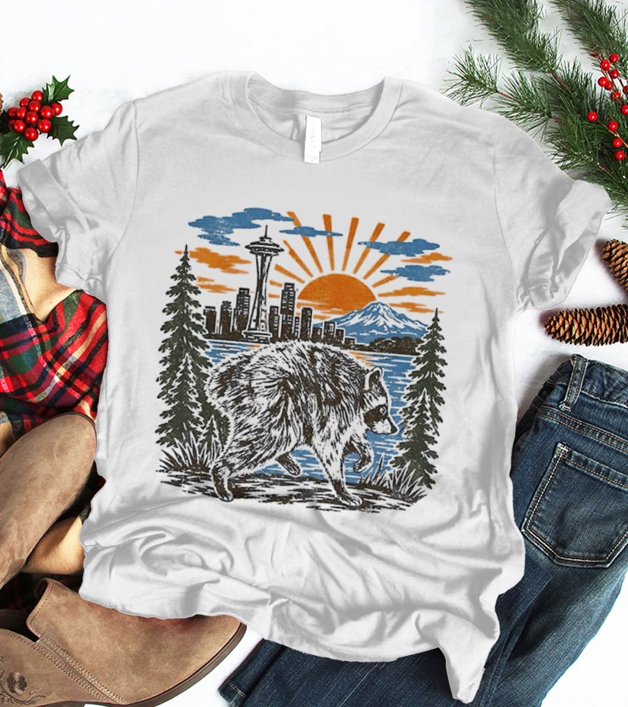 Raccoon Jimothy Seattle Skyline Sunset With Space Needle T-Shirt