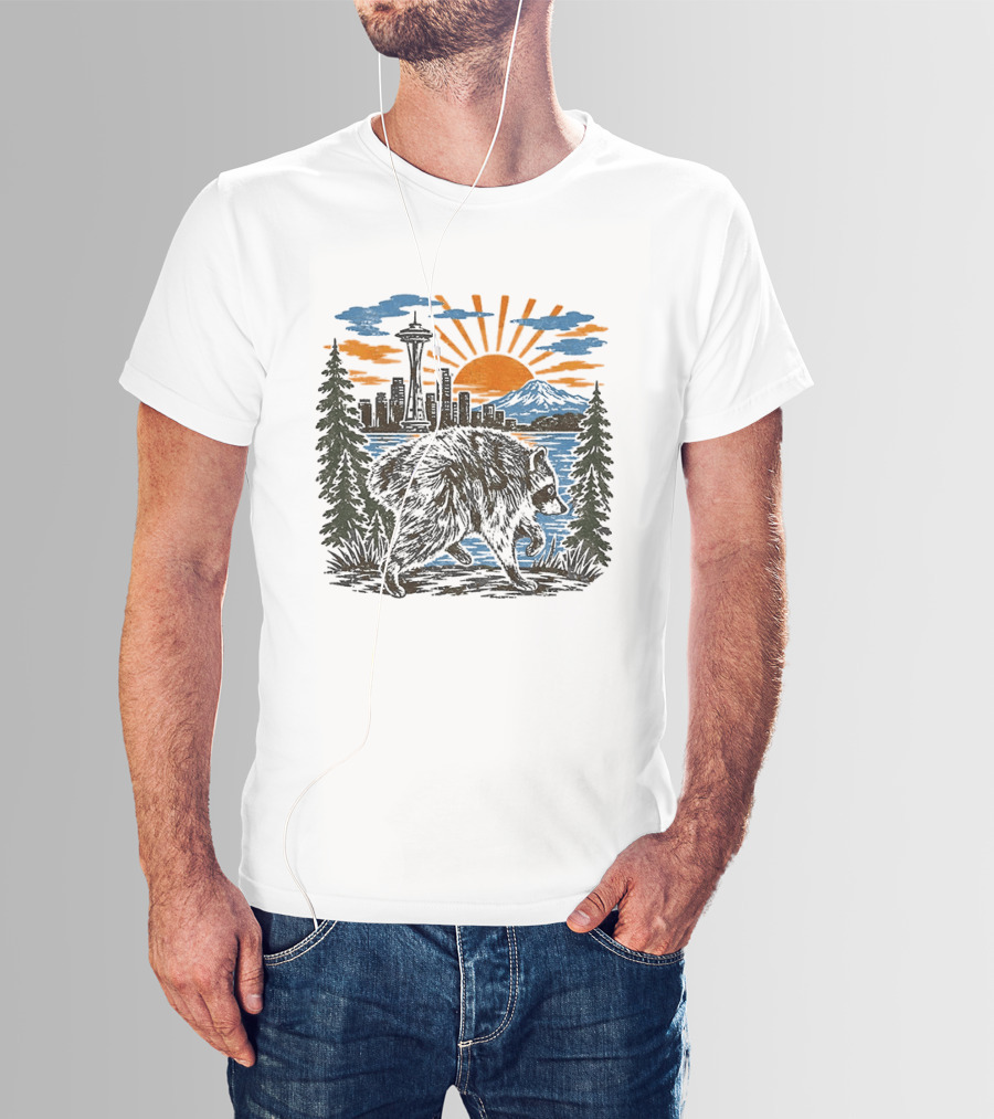 Raccoon Jimothy Seattle Skyline Sunset With Space Needle T-Shirt