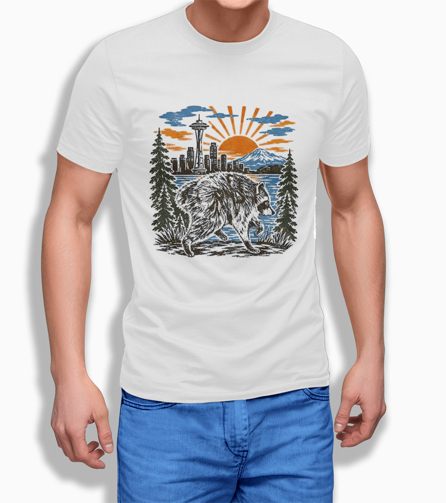 Raccoon Jimothy Seattle Skyline Sunset With Space Needle T-Shirt