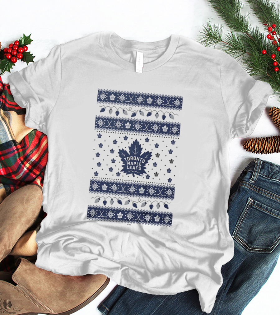 Toronto Maple Leafs Holiday Lights Festive Pattern Leafs Logo Snowflakes T-Shirt