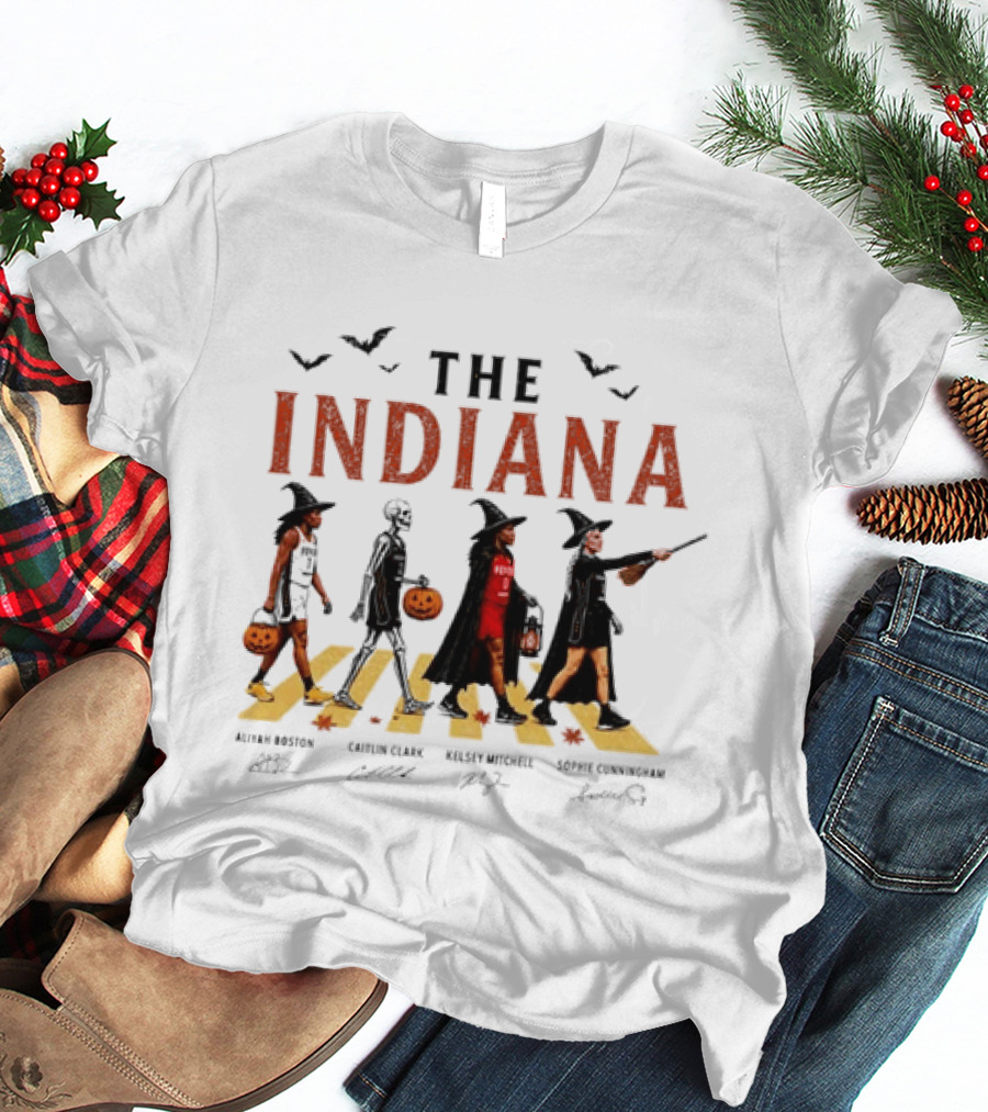 The Indiana Fever WNBA Aliyah Boston Caitlin Clark Kelsey Mitchell Sophie Cunningham Halloween Crosswalk Skeleton Witches Pumpkin T-Shirt