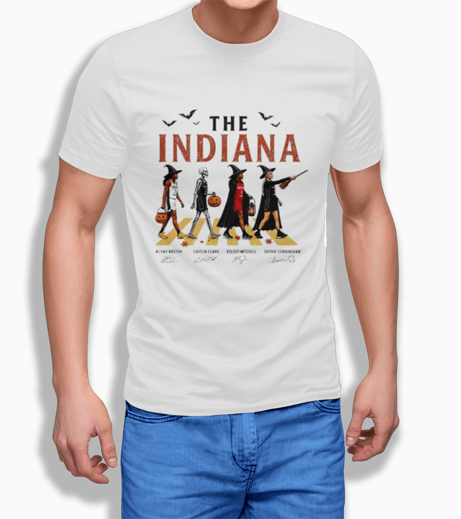 The Indiana Fever WNBA Aliyah Boston Caitlin Clark Kelsey Mitchell Sophie Cunningham Halloween Crosswalk Skeleton Witches Pumpkin T-Shirt