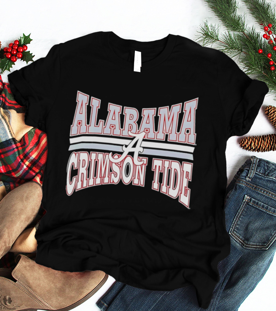 Alabama Crimson Tide Script A Curved Stripes Block Lettering T-Shirt