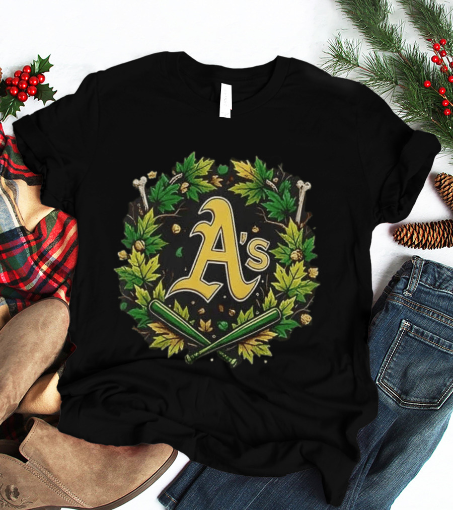 A's Halloween Maple Leaves Skull Crossed Bats Baseballs T-Shirt