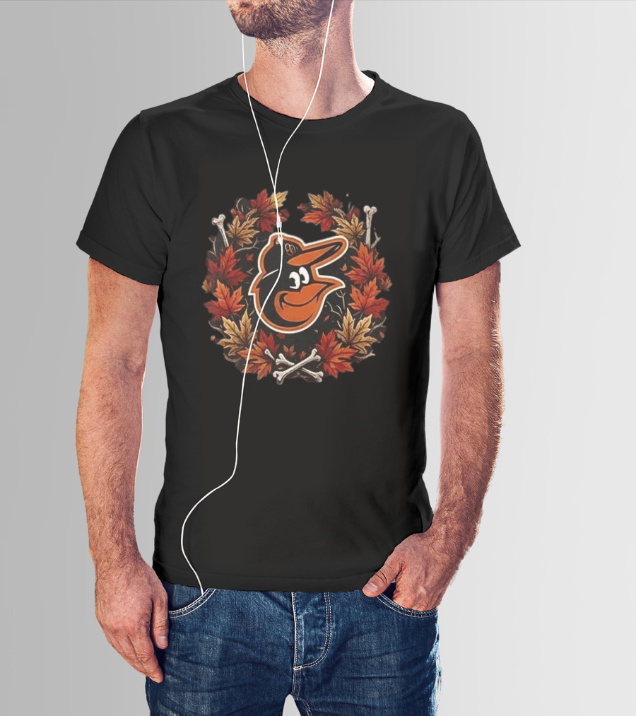 Baltimore Orioles Halloween Maple Leaves Skull Crossed Bats Baseballs T-Shirt
