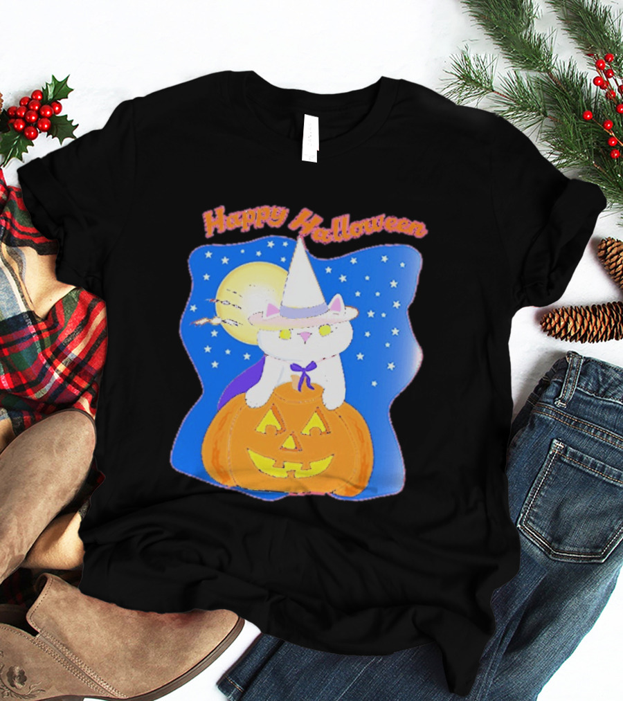 Happy Halloween Cat Witch On Pumpkin With Full Moon And Stars T-Shirt