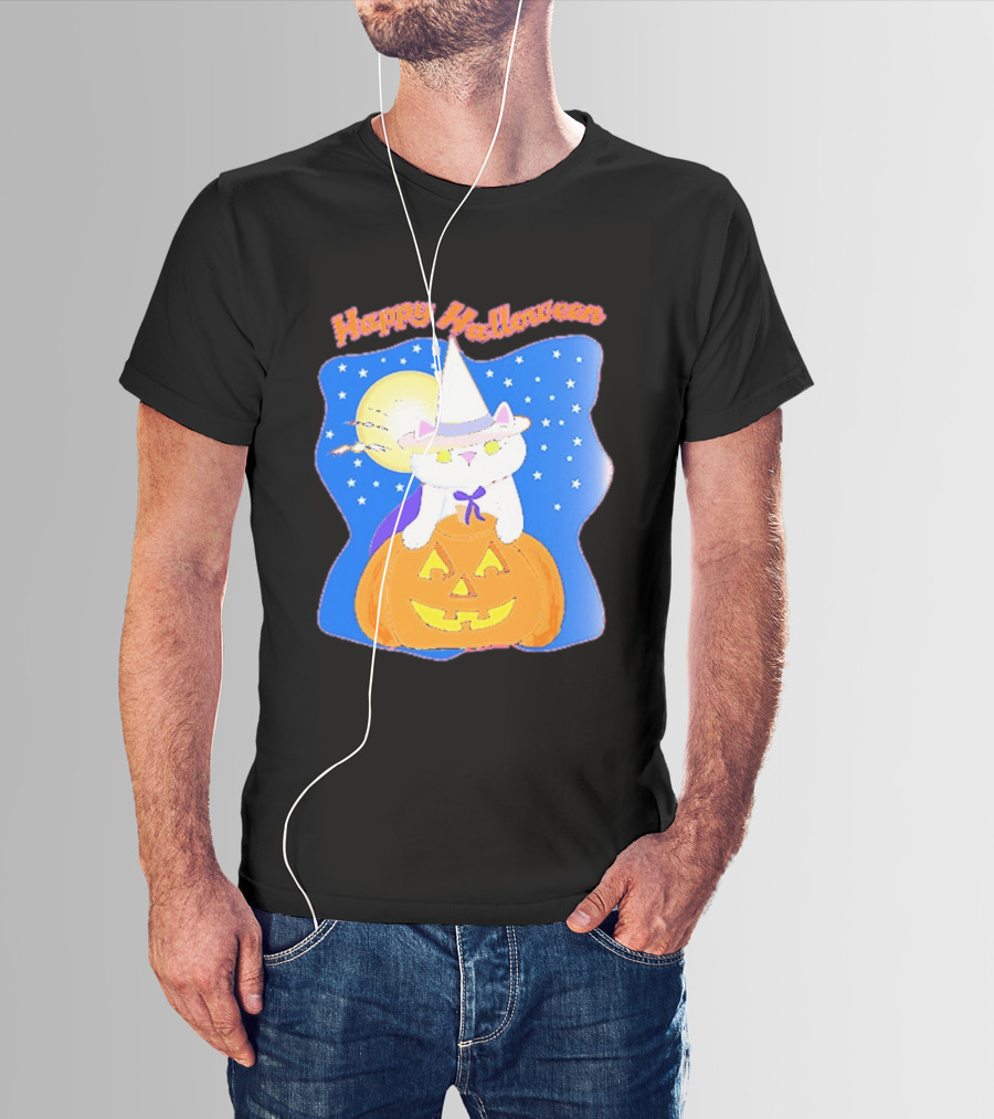 Happy Halloween Cat Witch On Pumpkin With Full Moon And Stars T-Shirt
