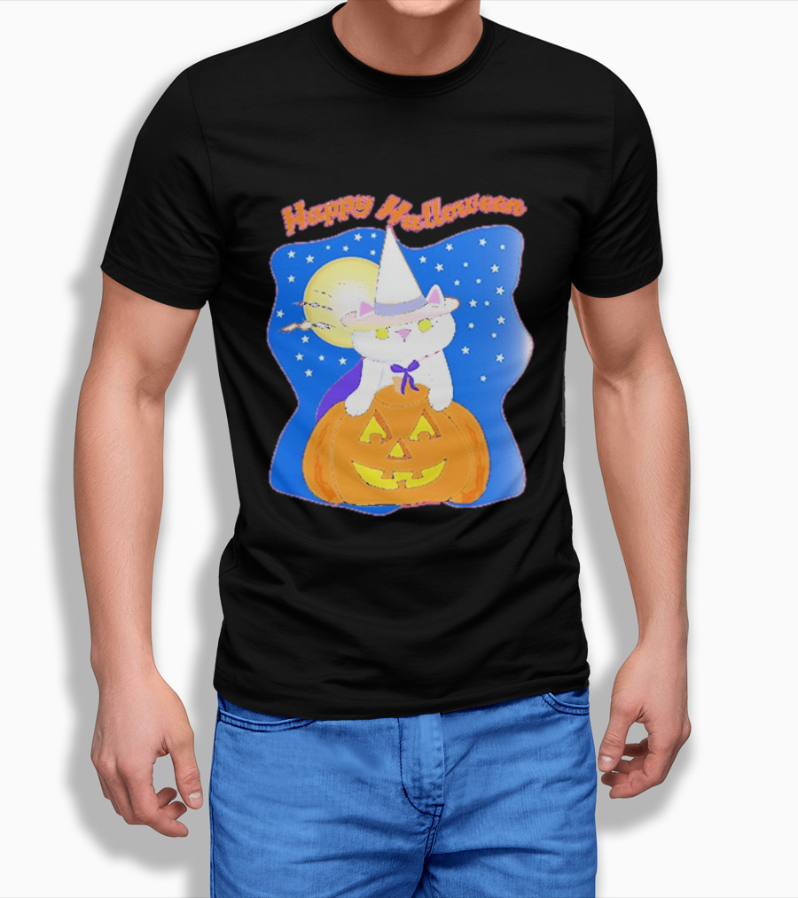 Happy Halloween Cat Witch On Pumpkin With Full Moon And Stars T-Shirt