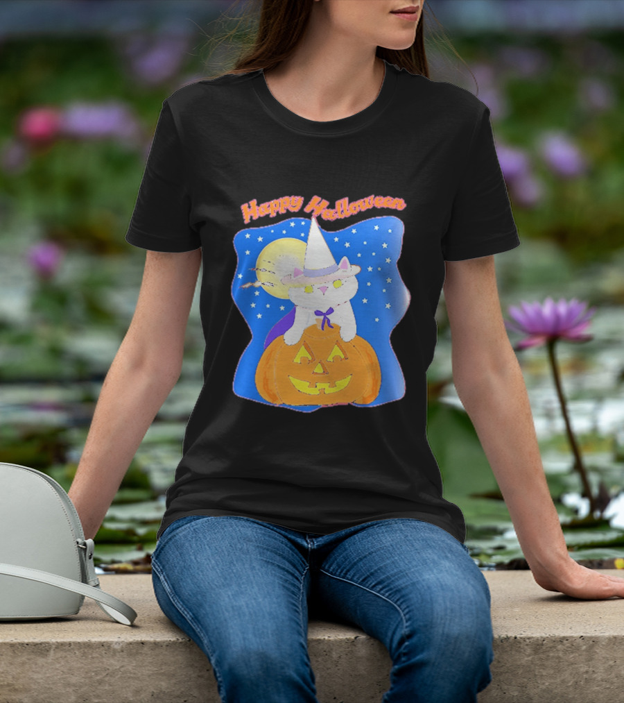Happy Halloween Cat Witch On Pumpkin With Full Moon And Stars T-Shirt