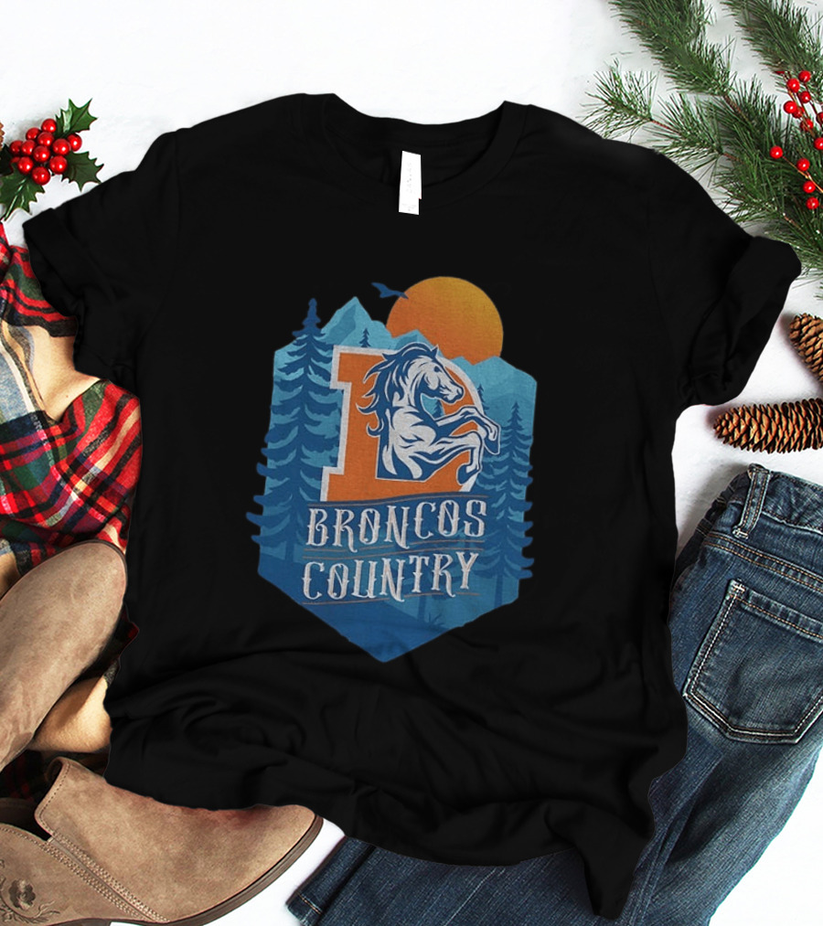 Denver Broncos Country Logo Football Mountain Sunset T-Shirt