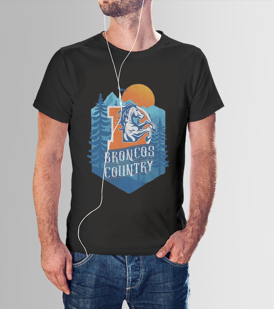Denver Broncos Country Logo Football Mountain Sunset T-Shirt